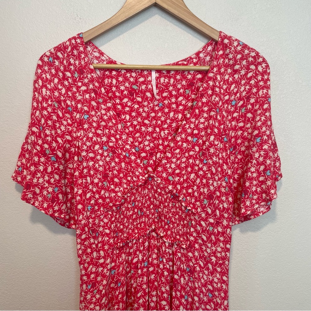 Free People In Full Bloom Red Combo Dress Floral Deep V Neck Flowy Medium **FLAW - Picture 6 of 10